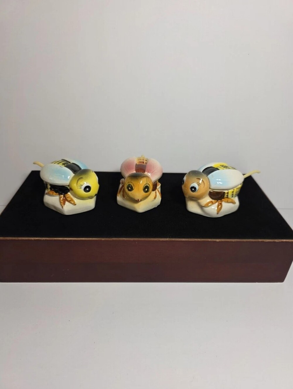 Vintage Anthropomorphic Bee Condiment Set of 3 - Complete with Spoons & Lids